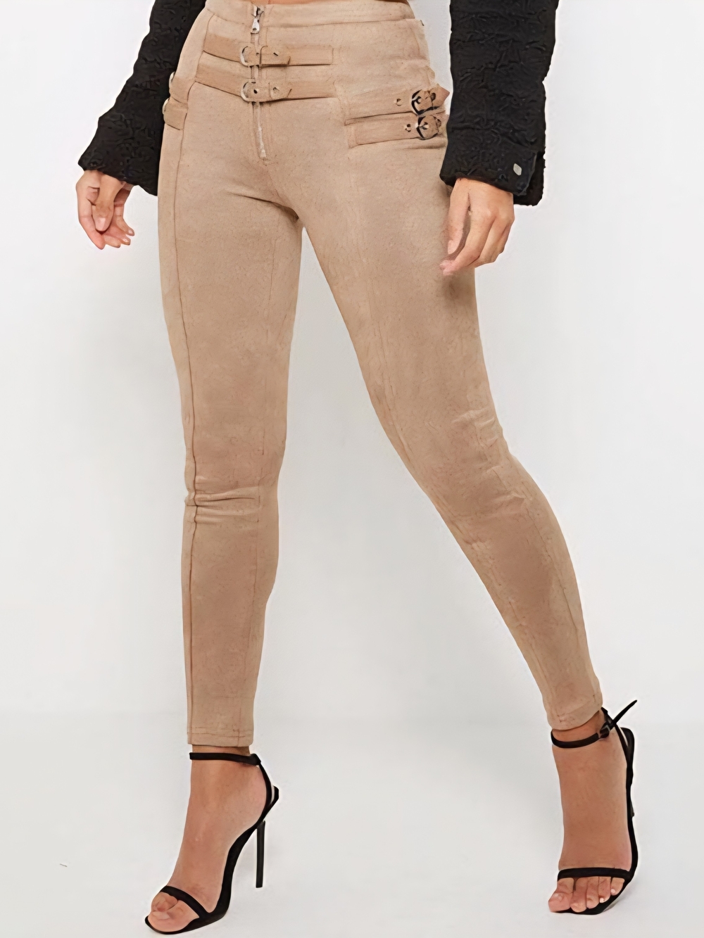 Maniere De Voir Beige High-Rise Suede-Effect Skinny Pants with Buckle Straps